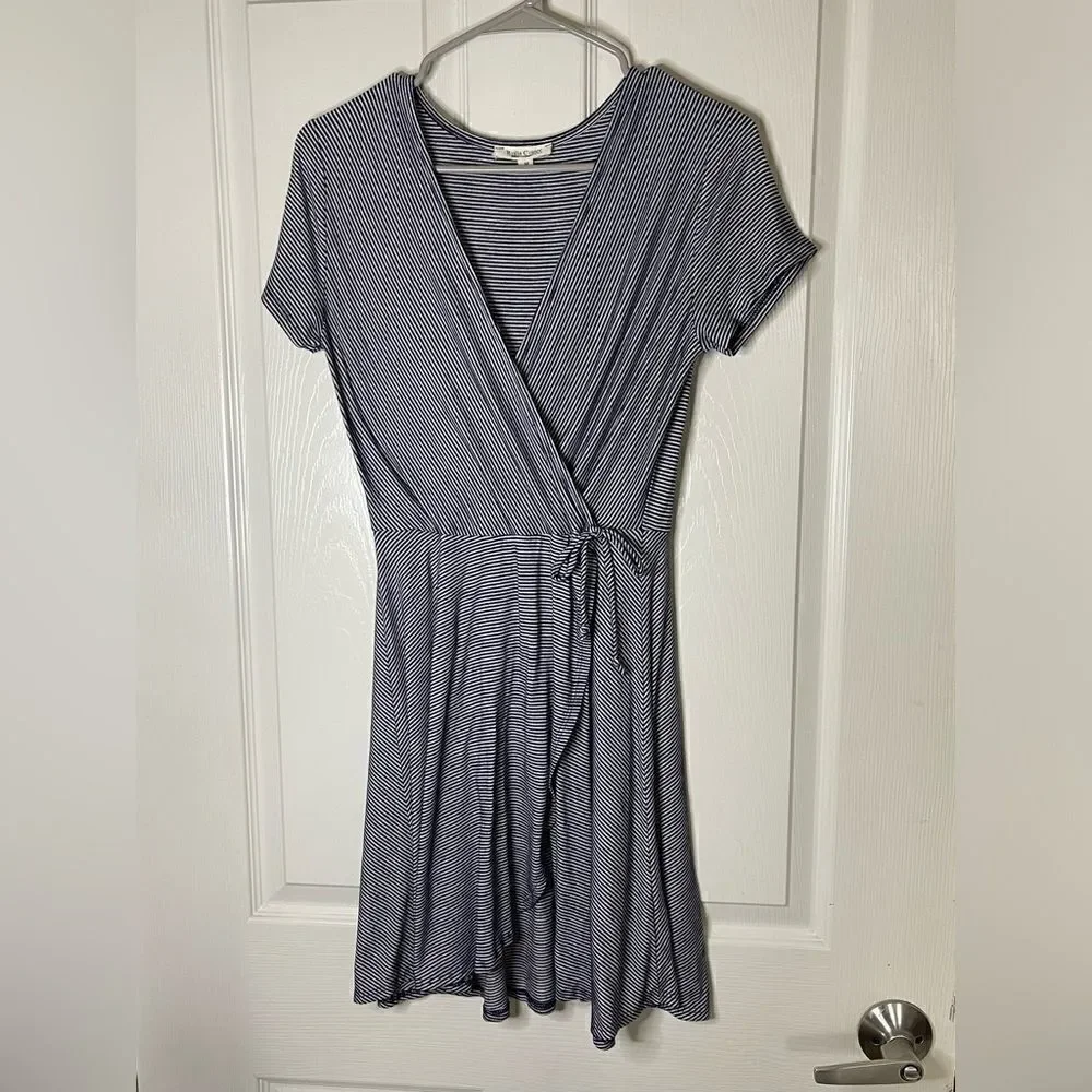 Blue and white striped faux wrap dress size M